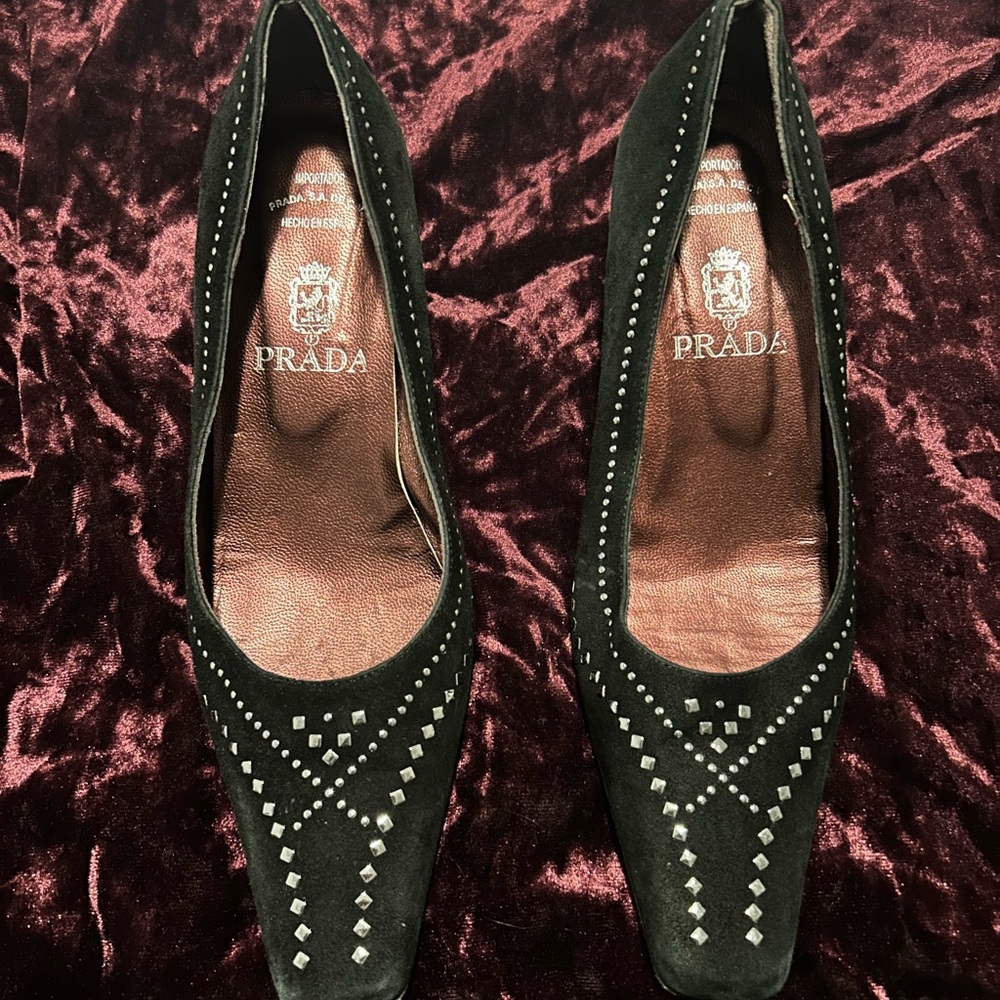 Black suede studded kitten heels size 38